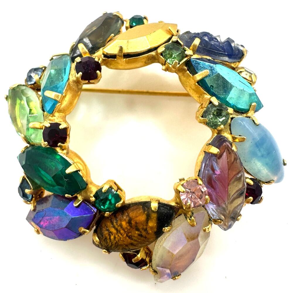 Vintage gold tone multicolor fruit salad art glass rhinestones wreath brooch